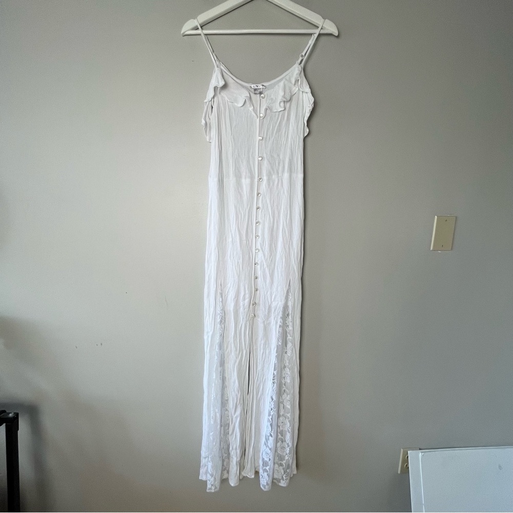 Venus White Cold Shoulder Sheer Lace Detail Slit Maxi Dress Large‎